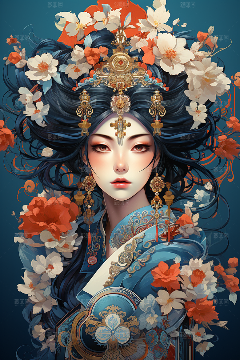 京剧女孩传统风格扮相插画