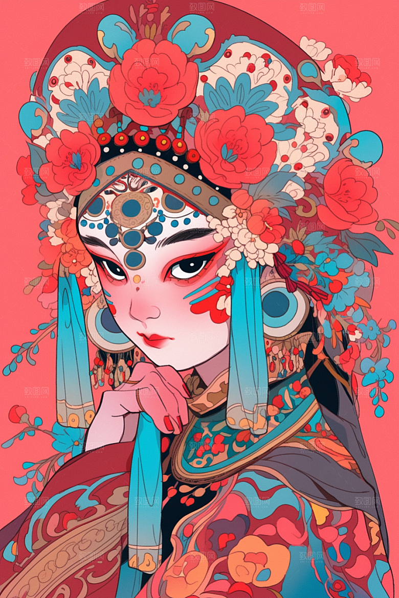京剧女孩扮相手绘插画