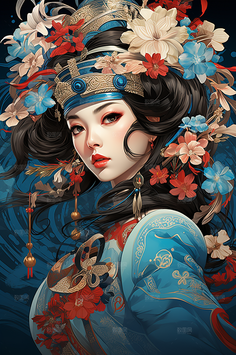 京剧女孩传统风格手绘插画