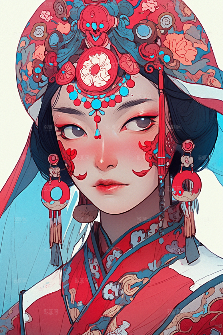 京剧女孩手绘中式插画