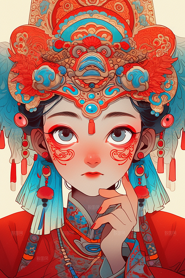 京剧女孩扮相传统风格插画