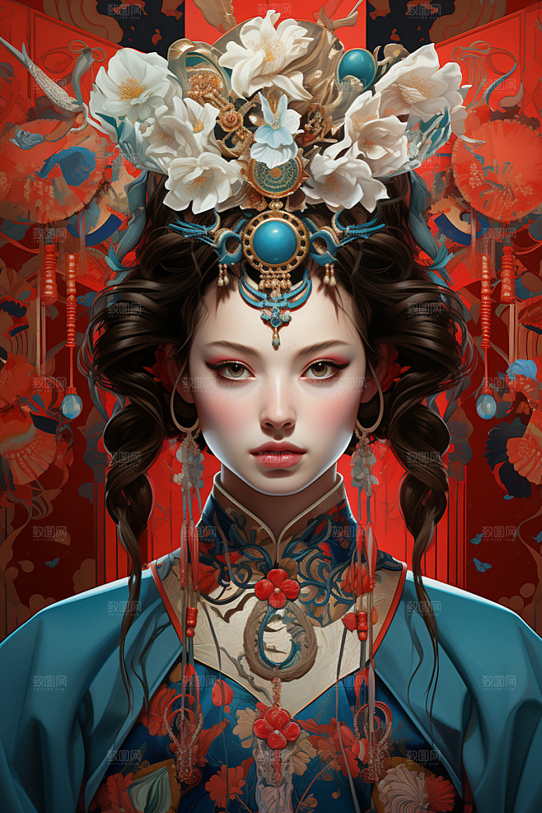 京剧女孩扮相中国风插画