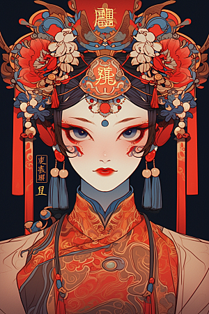 京剧女孩扮相戏曲插画