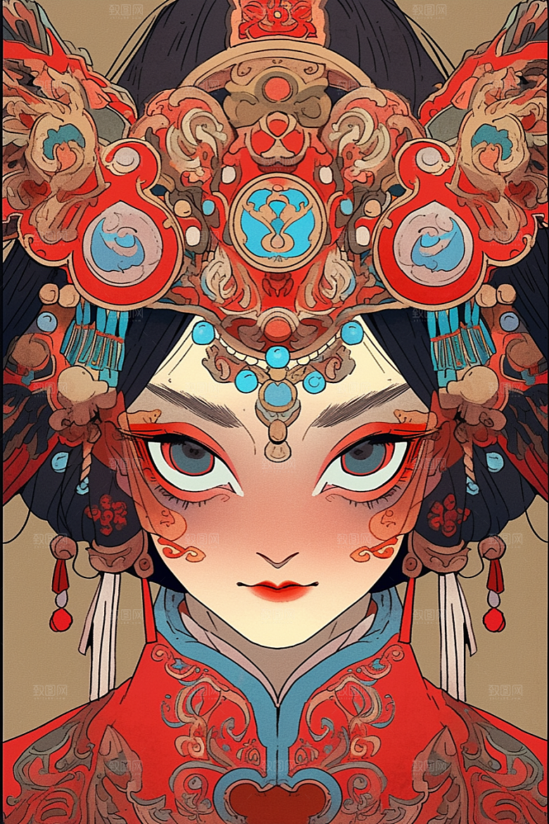 京剧女孩手绘传统风格插画