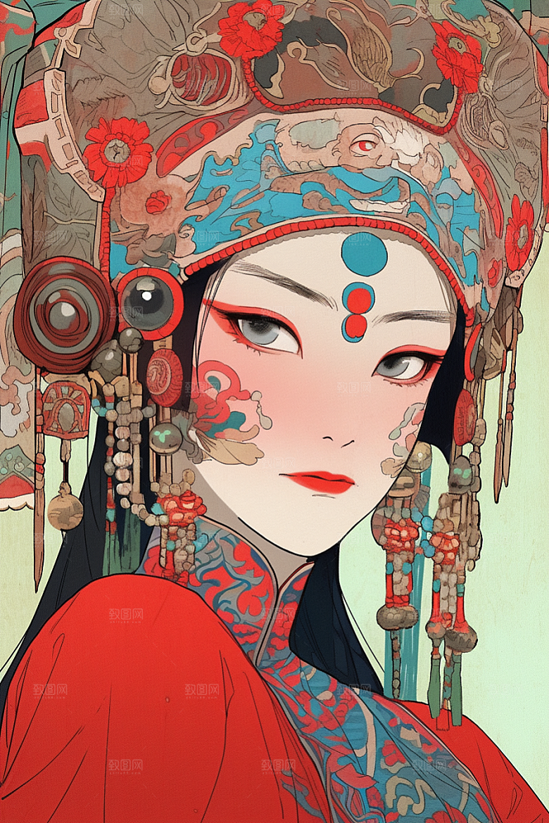 京剧女孩扮相中国风插画