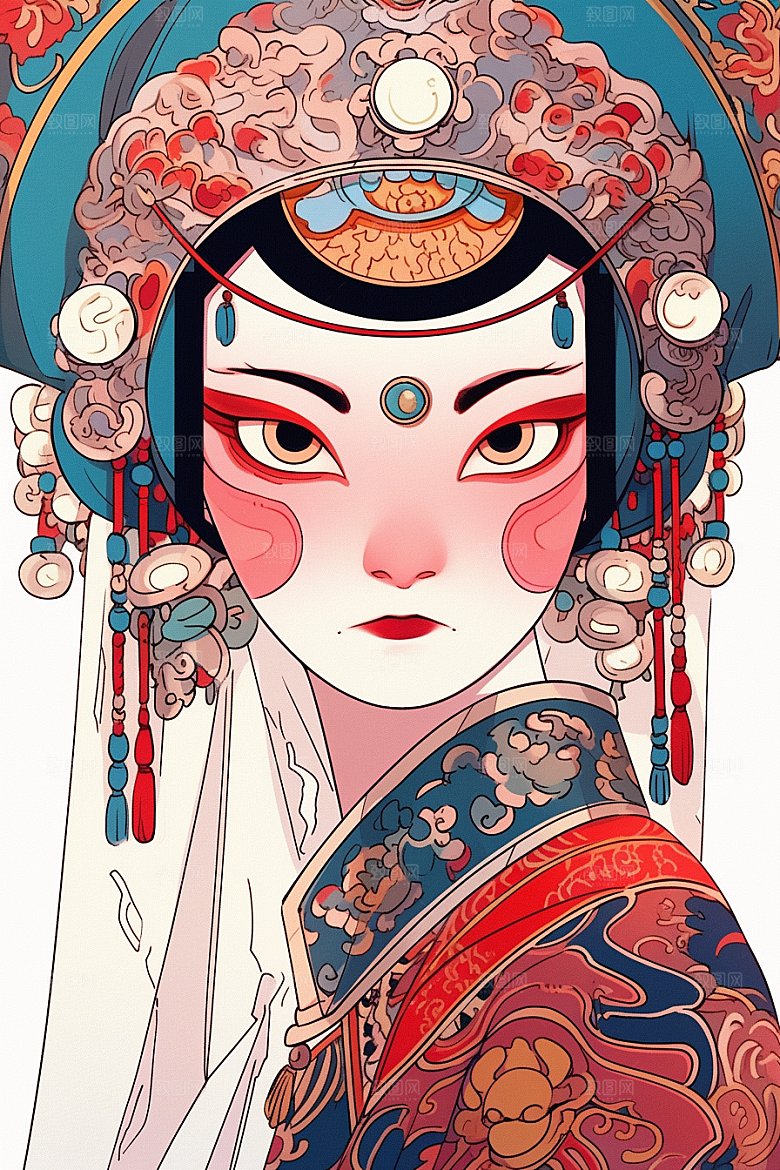 京剧女孩扮相中国风插画