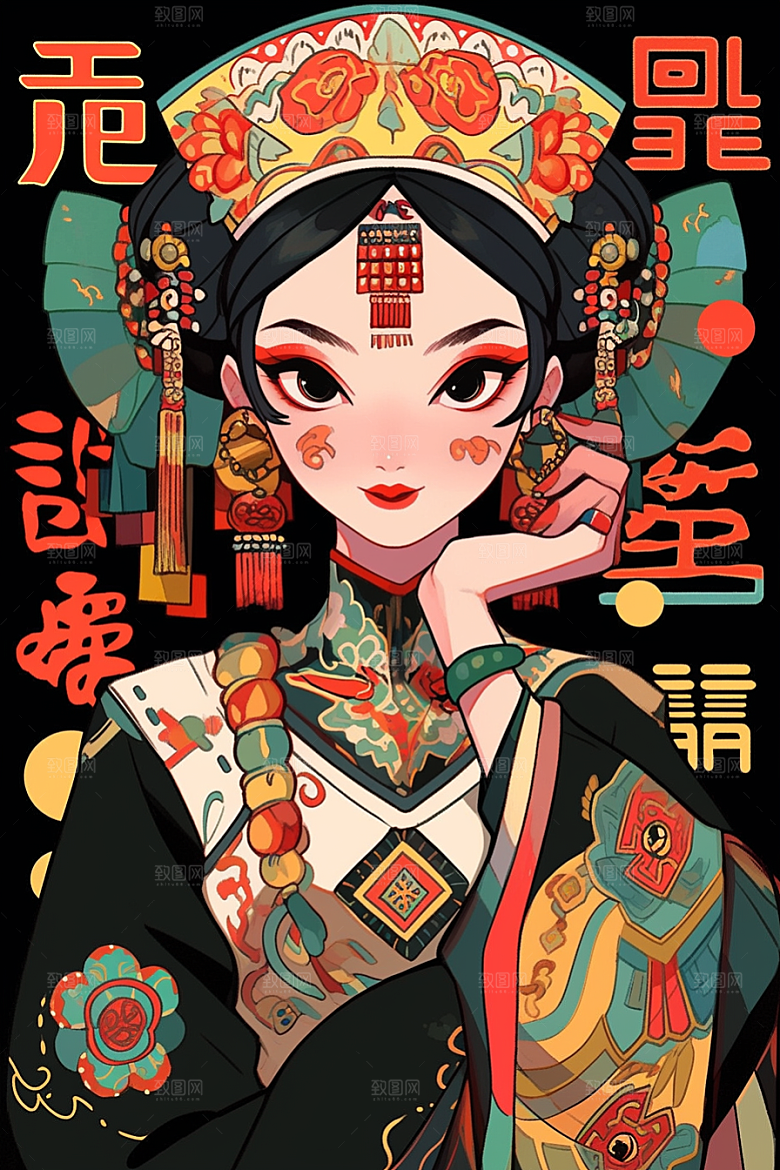 京剧女孩扮相中国风插画