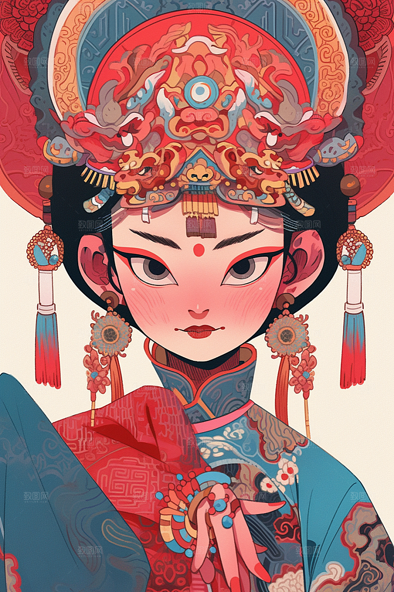 京剧女孩手绘传统风格插画