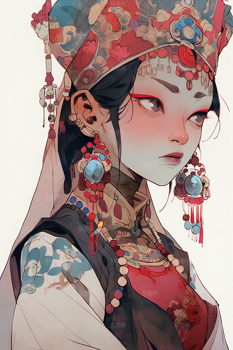 京剧女孩扮相手绘插画