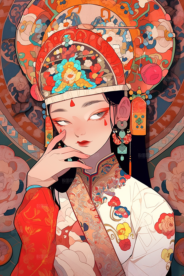 京剧女孩扮相戏剧插画