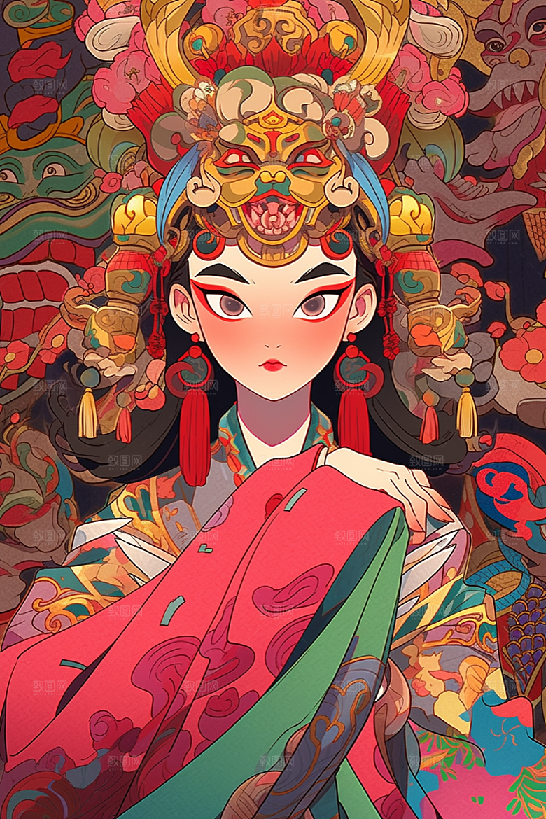 京剧女孩传统风格中式插画
