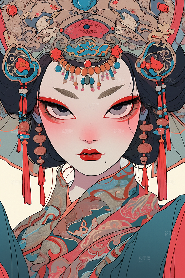 京剧女孩戏剧中式插画
