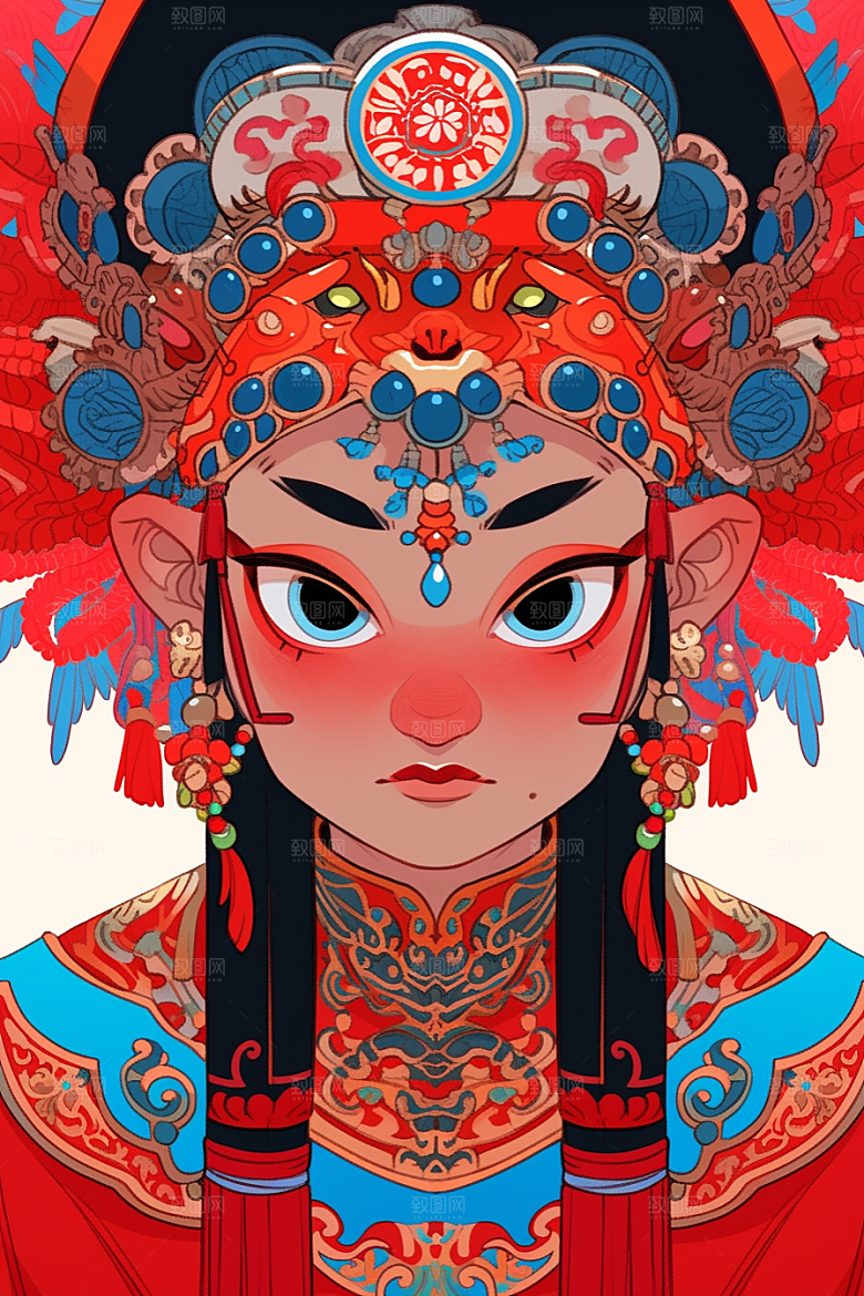 京剧女孩国潮传统风格插画