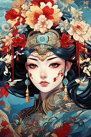 京剧女孩戏剧手绘插画