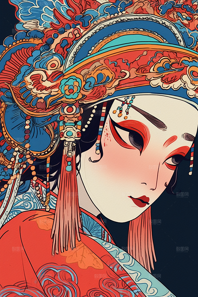 京剧女孩扮相中式插画