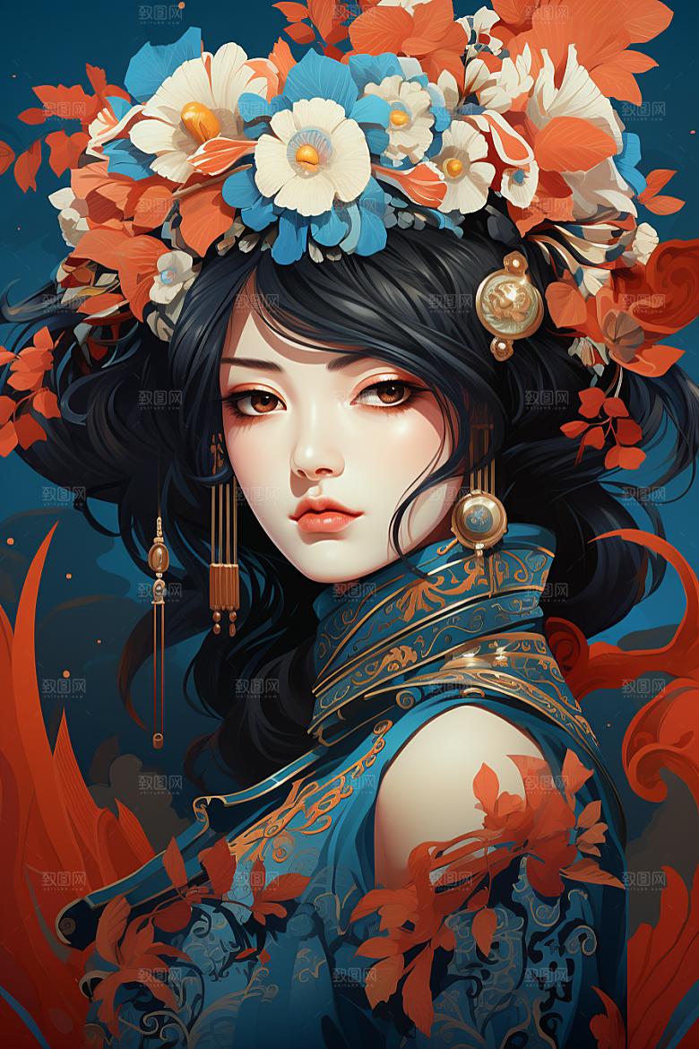 京剧女孩国潮扮相插画