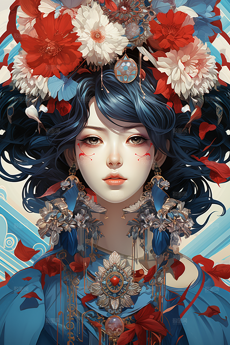 京剧女孩扮相传统风格插画