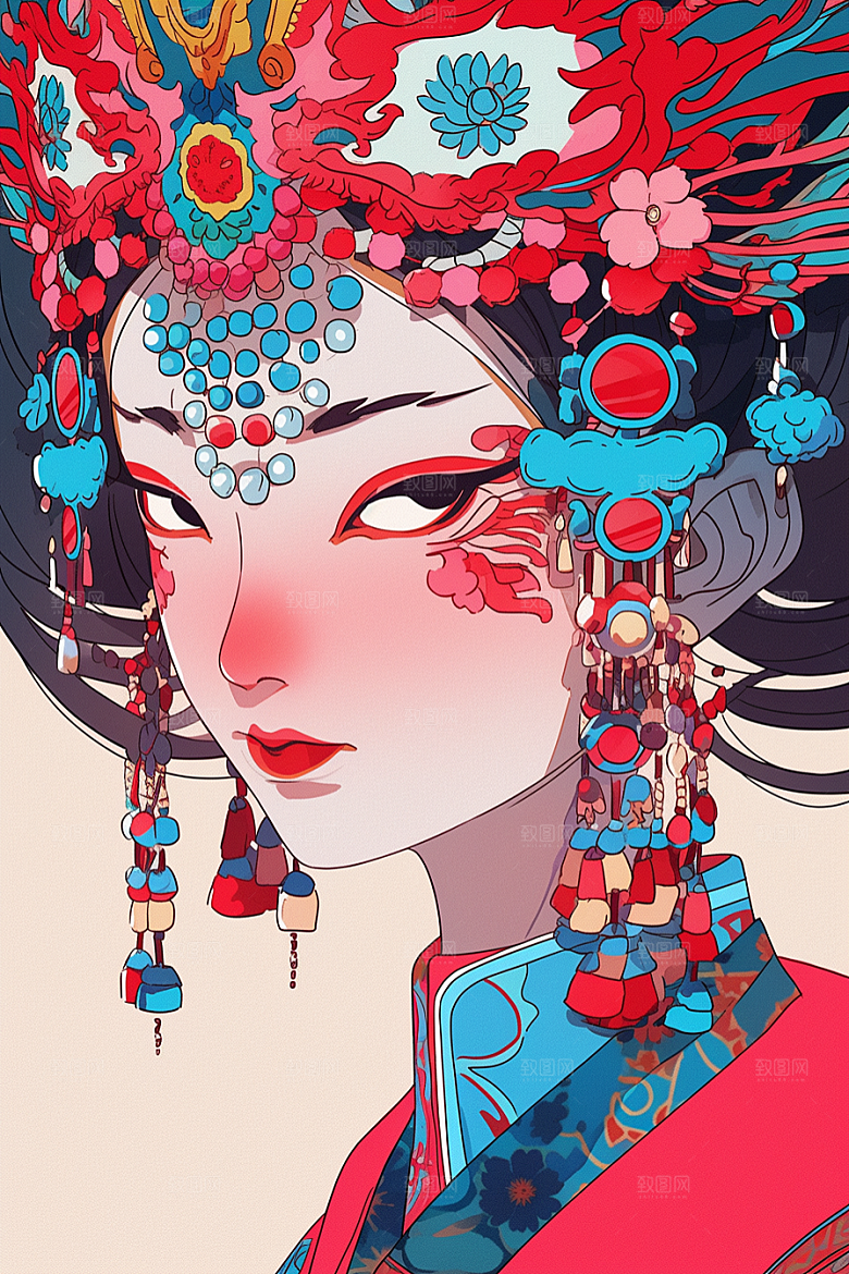 京剧女孩扮相戏曲插画