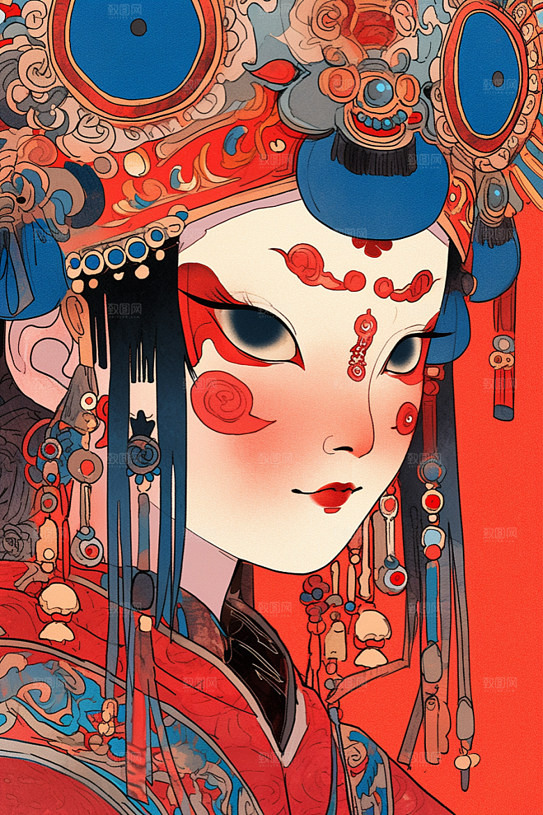 京剧女孩中国风扮相插画