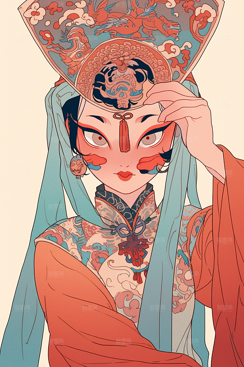 京剧女孩扮相戏剧插画