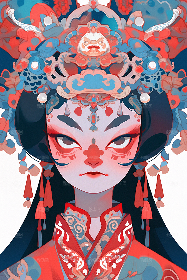 京剧女孩扮相传统风格插画