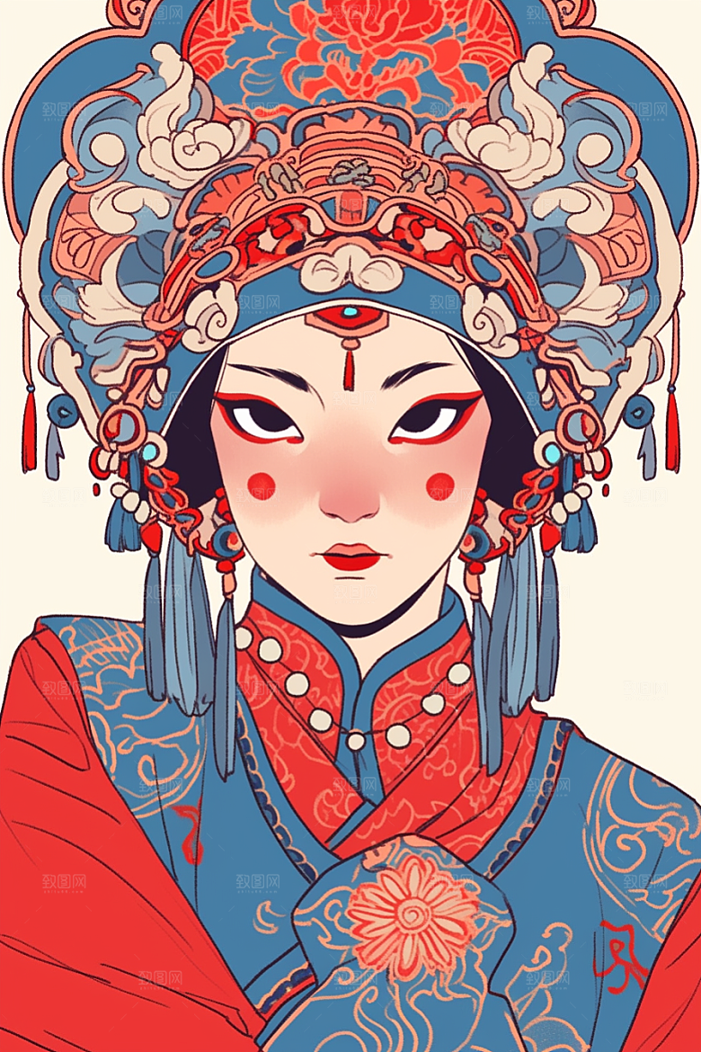 京剧女孩中国风手绘插画