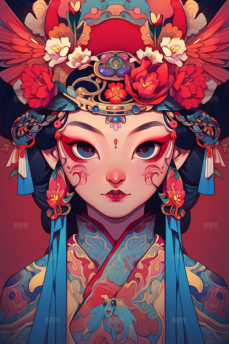 京剧女孩扮相手绘插画
