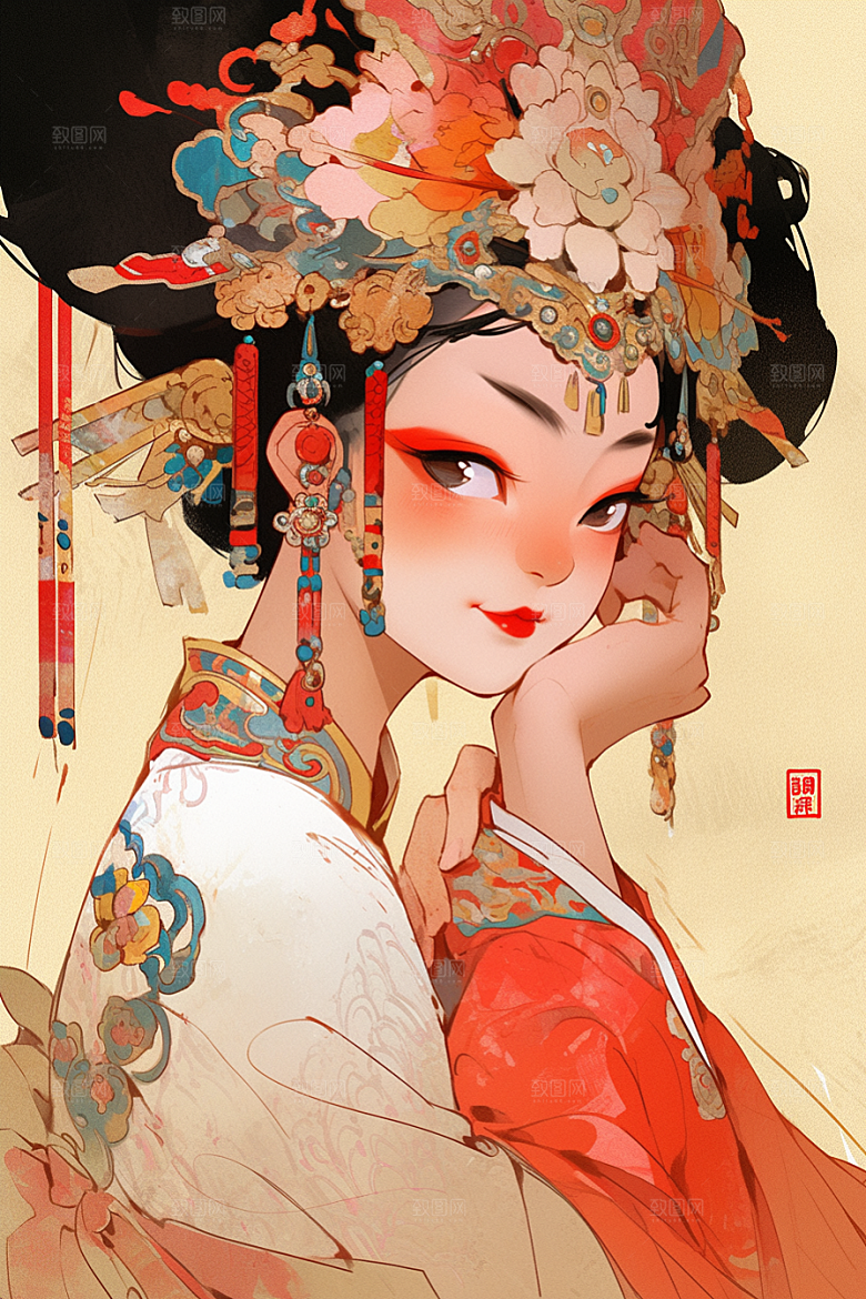 京剧女孩手绘扮相插画