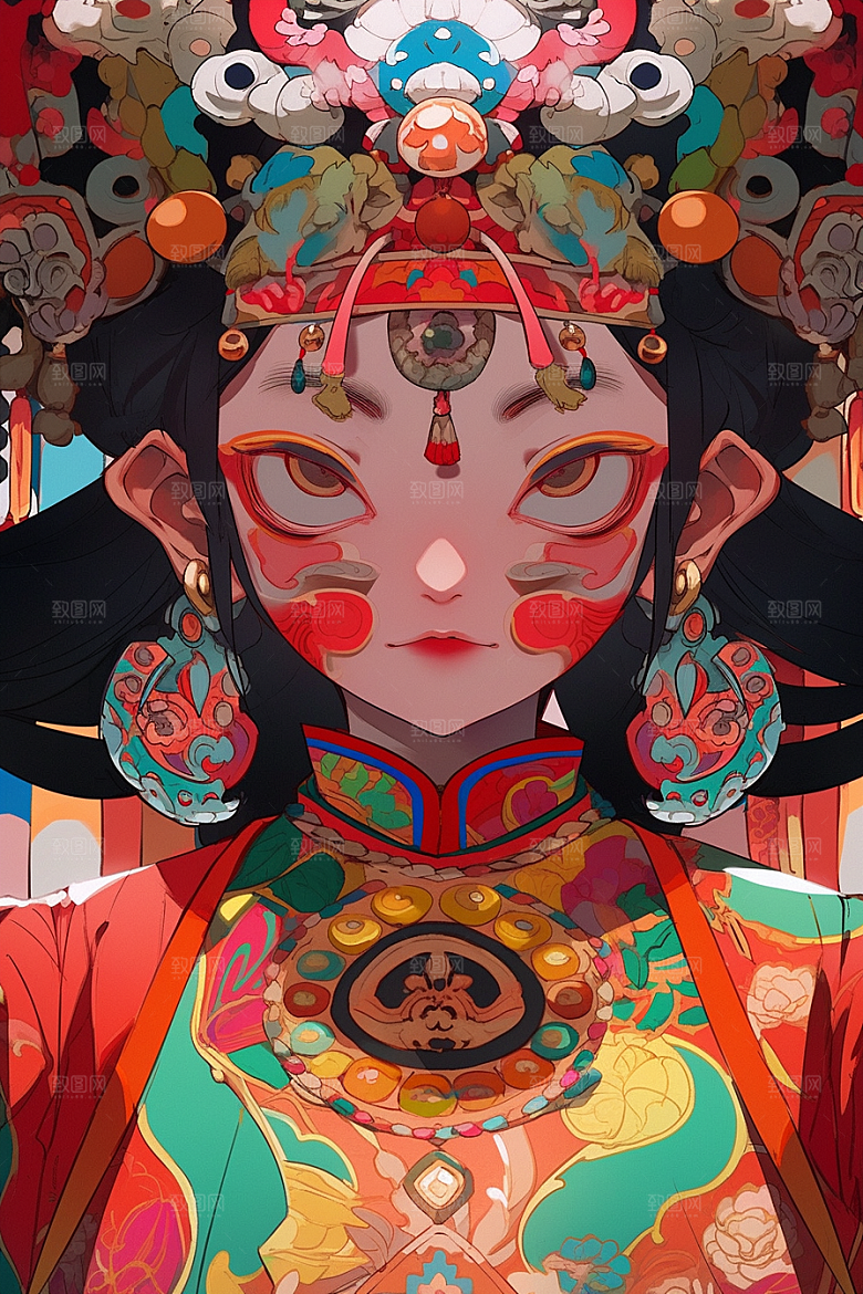京剧女孩手绘戏剧插画
