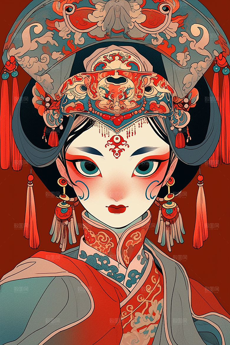 京剧女孩手绘扮相插画