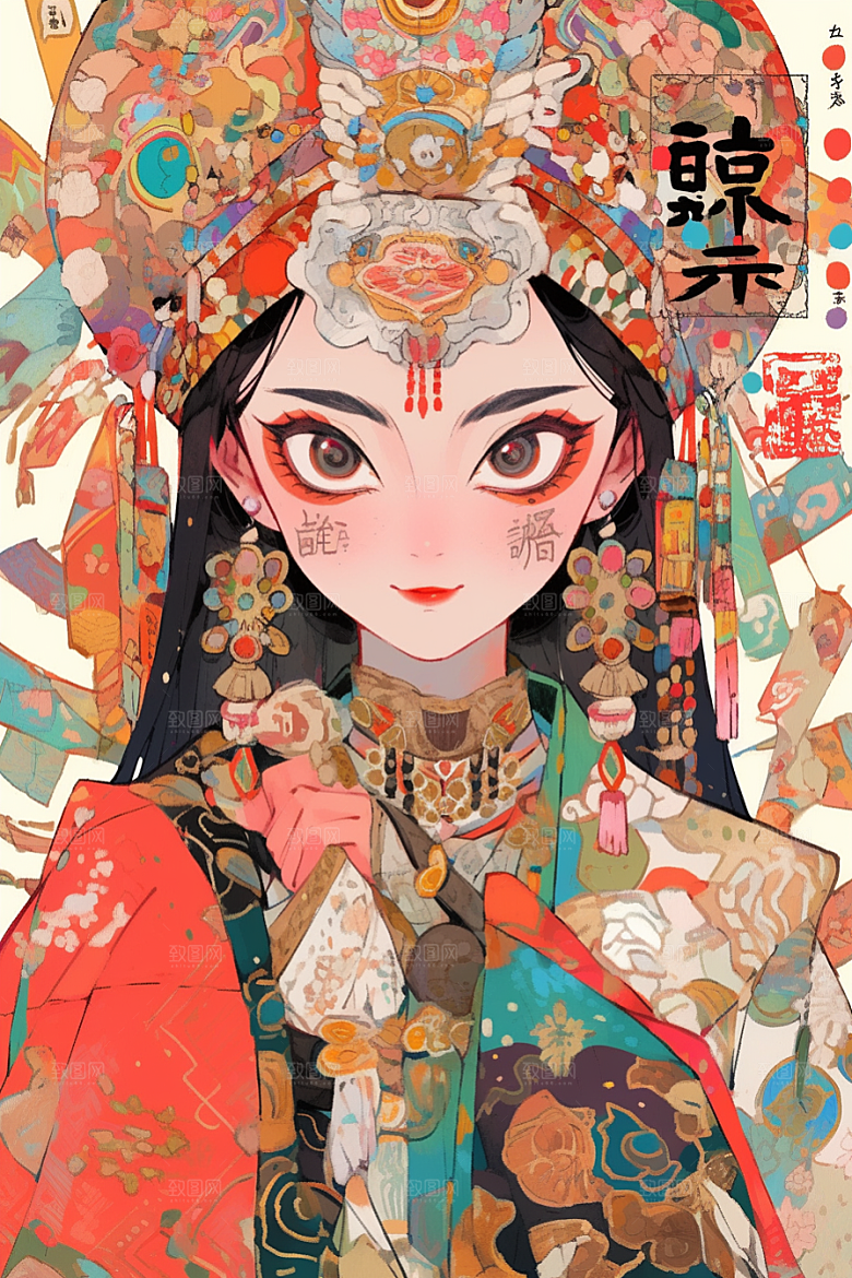 京剧女孩中国风传统风格插画