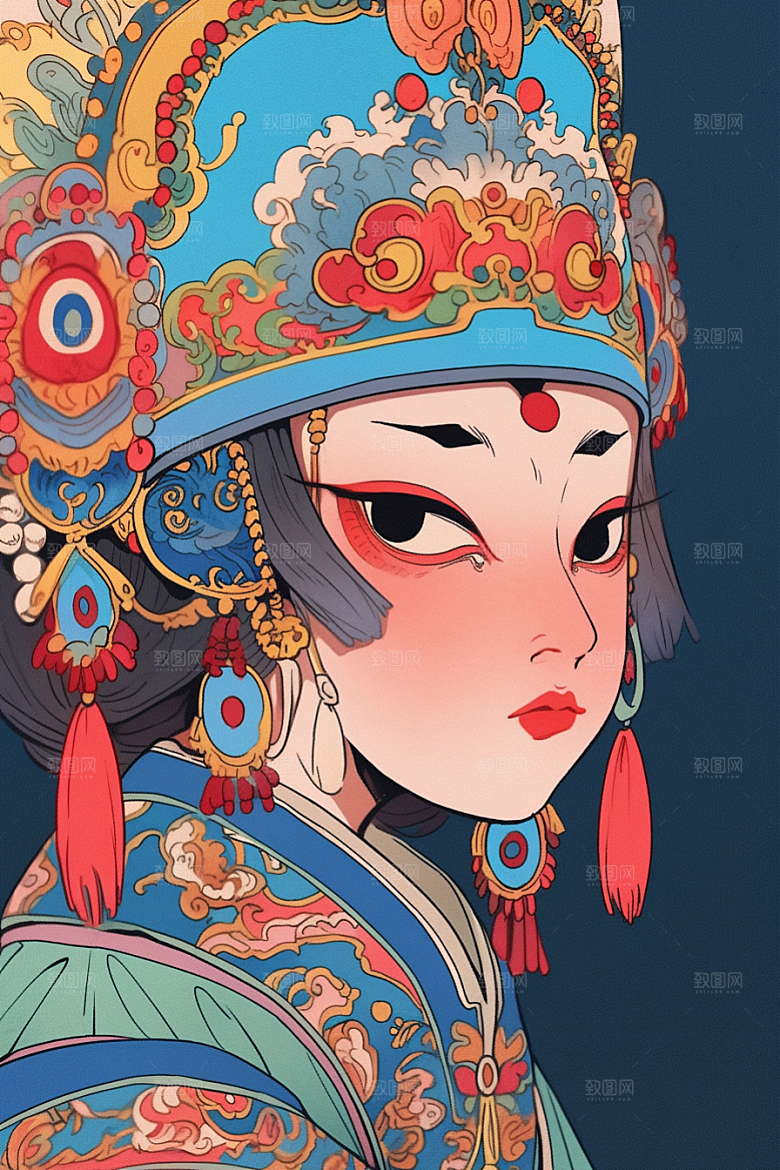 京剧女孩扮相手绘插画