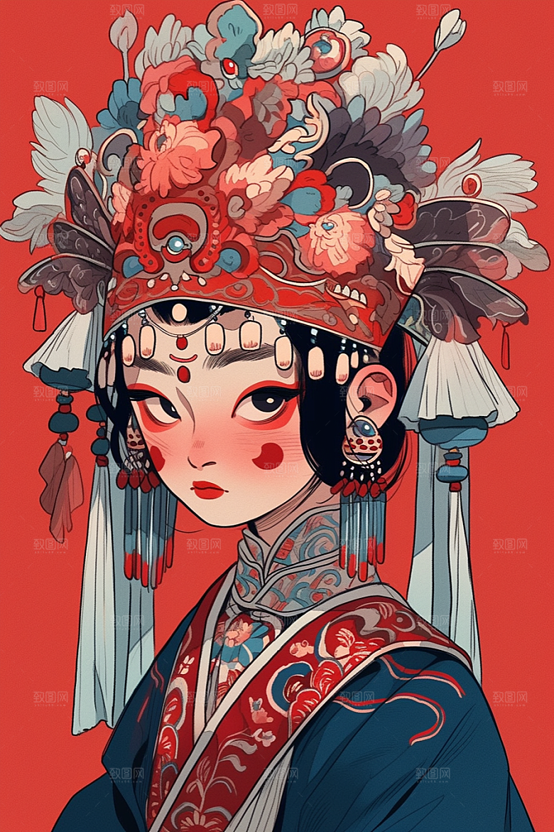 京剧女孩国粹手绘插画