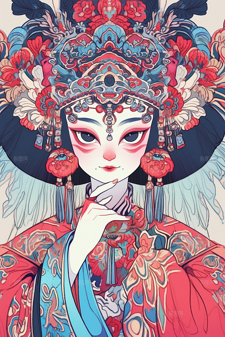 京剧女孩手绘传统风格插画