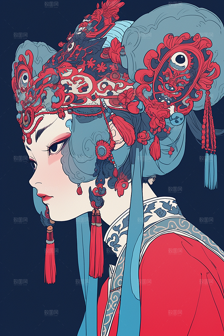 京剧女孩国潮扮相插画