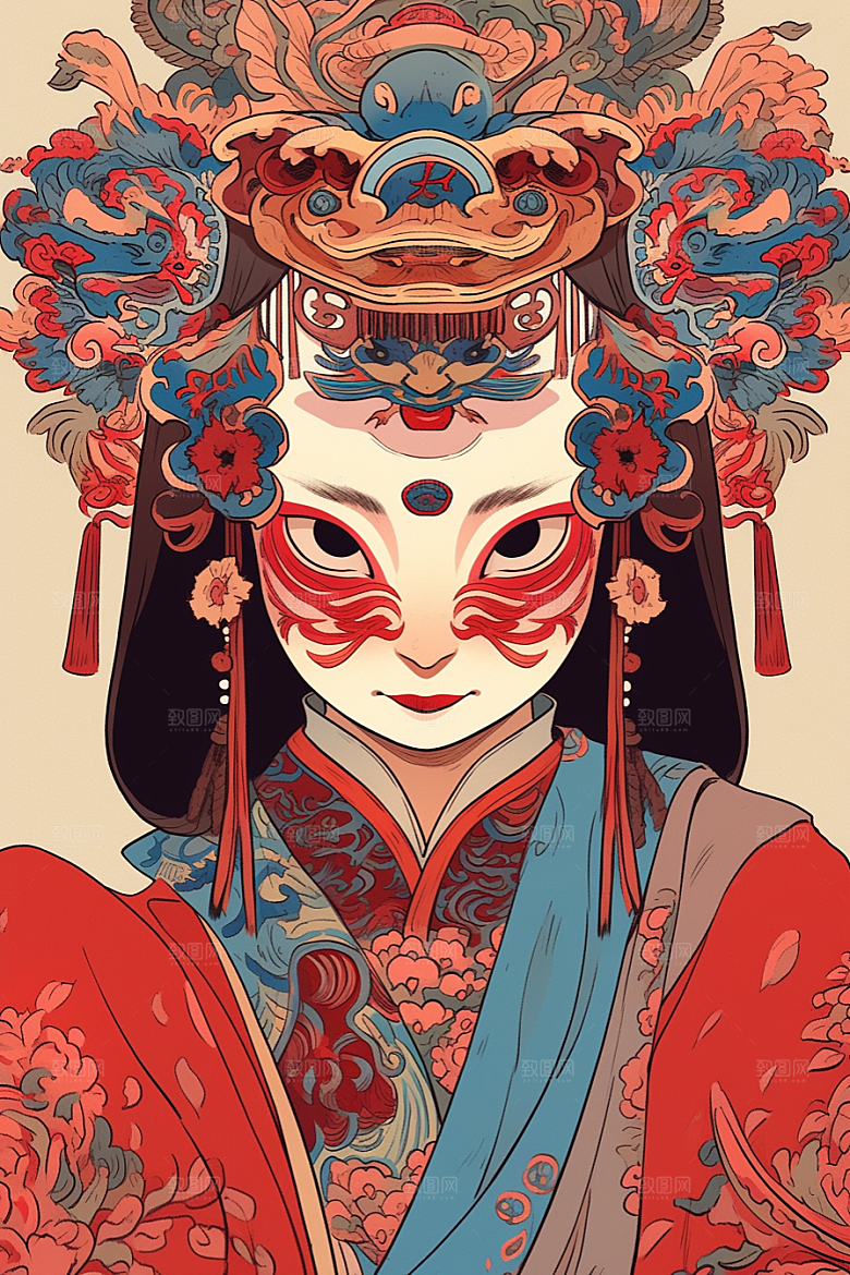 京剧女孩手绘国粹插画