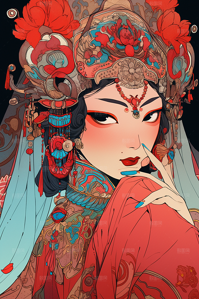 京剧女孩中国风扮相插画