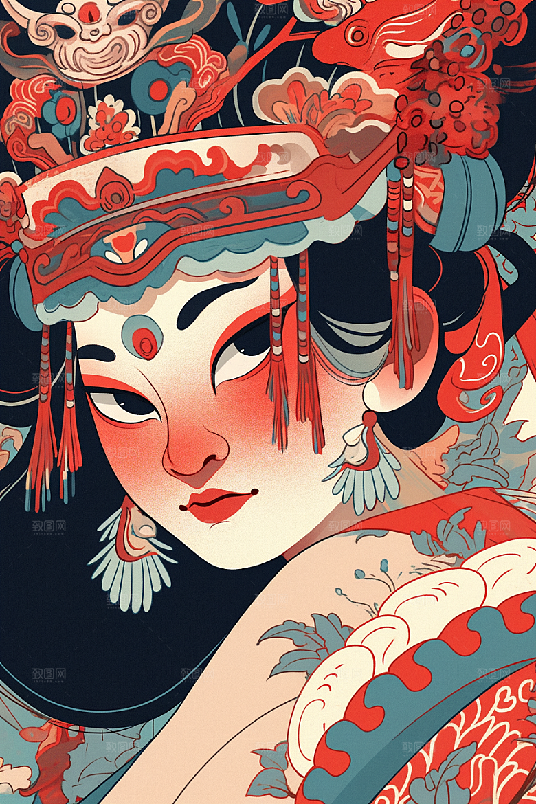 京剧女孩中国风手绘插画