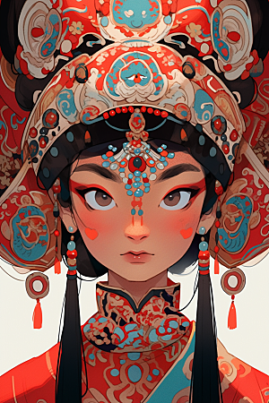 京剧女孩扮相传统风格插画