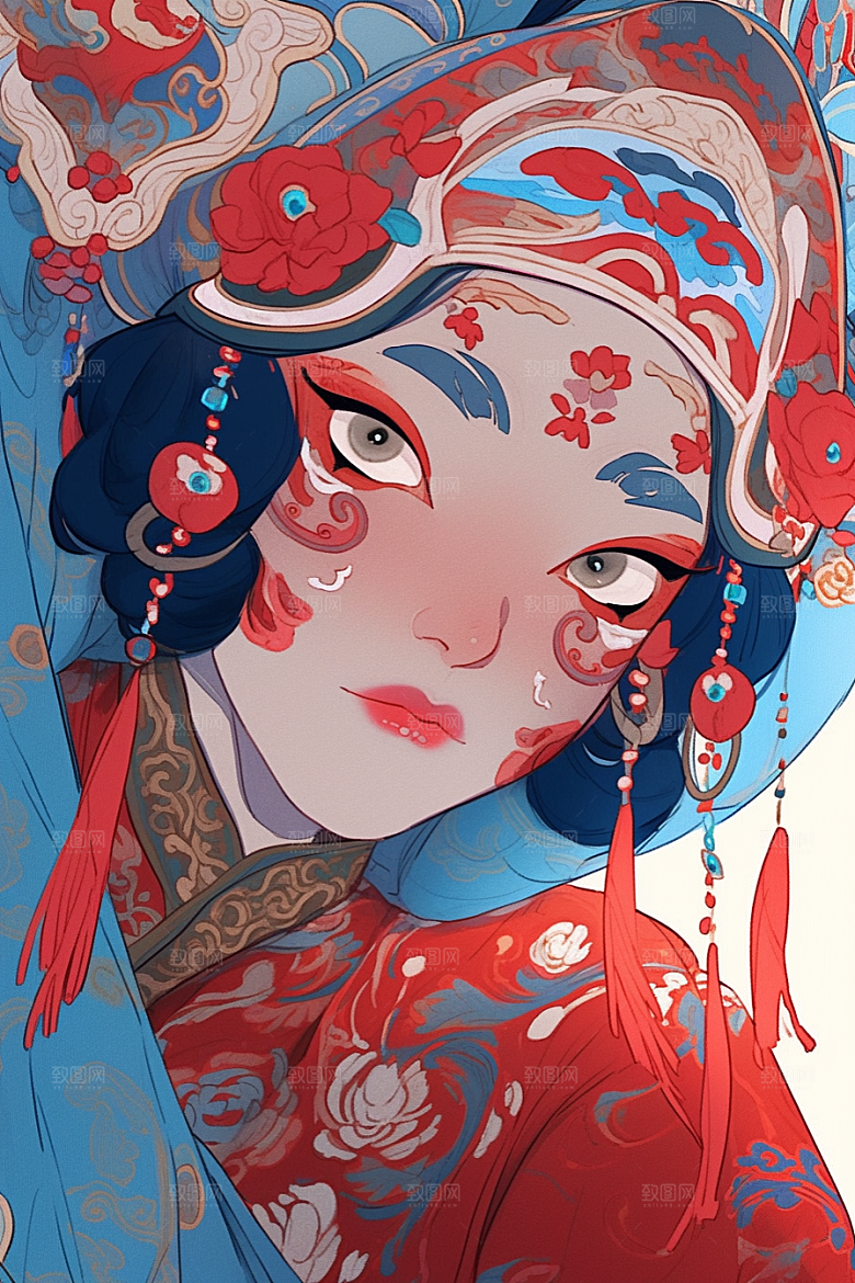 京剧女孩扮相传统风格插画