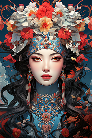京剧女孩国潮中式插画