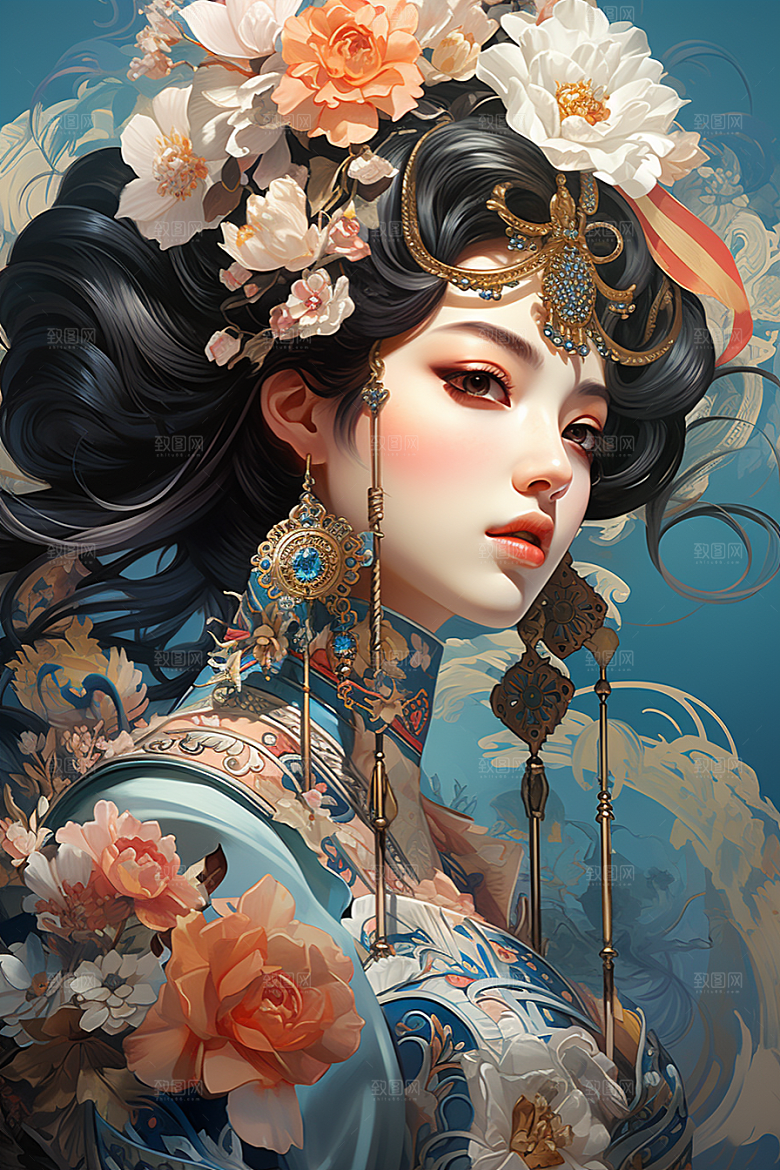 京剧女孩国潮扮相插画