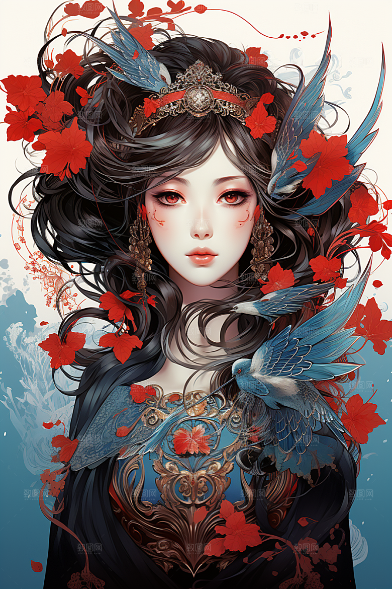 京剧女孩手绘传统风格插画
