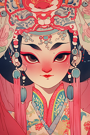 京剧女孩手绘传统风格插画
