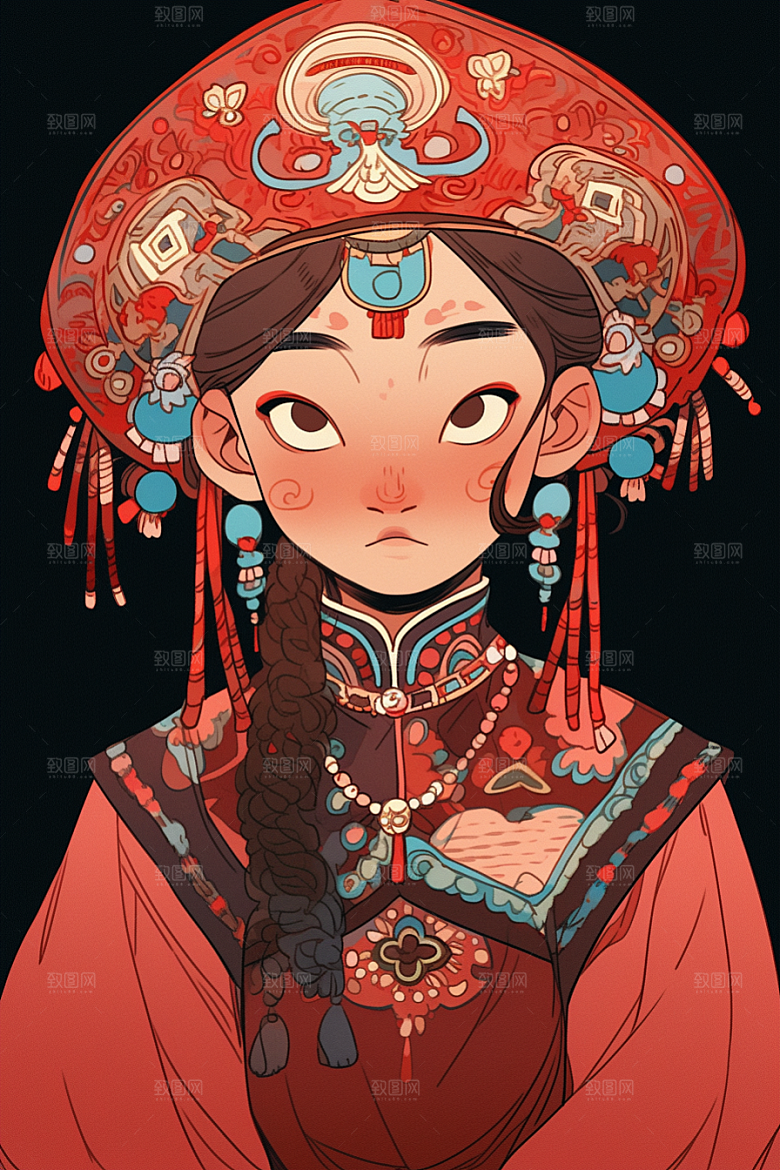 京剧女孩手绘传统风格插画
