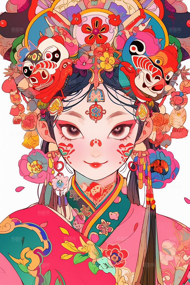 京剧女孩扮相戏剧插画