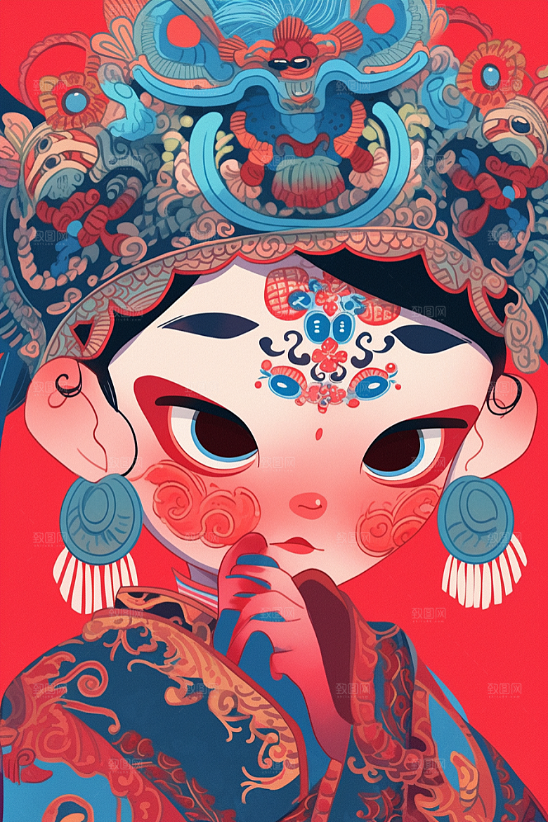 京剧女孩扮相中式插画