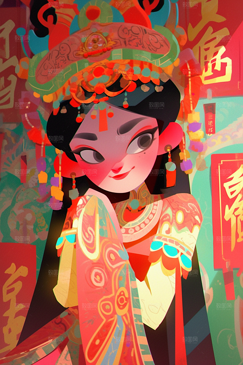 京剧女孩手绘中国风插画