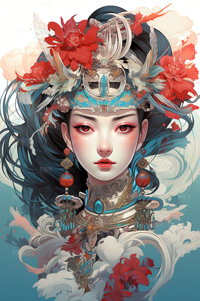 京剧女孩扮相手绘插画