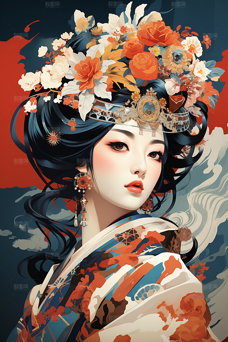 京剧女孩手绘扮相插画